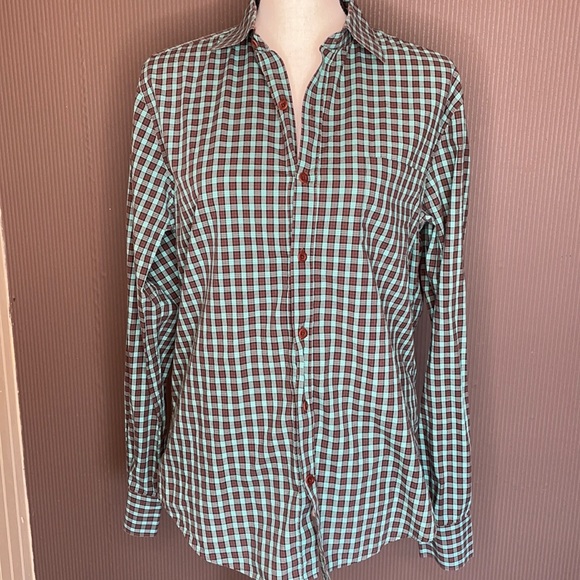 Vince shirt Brown and teal button down long sleeve shirt size medium - Picture 1 of 6